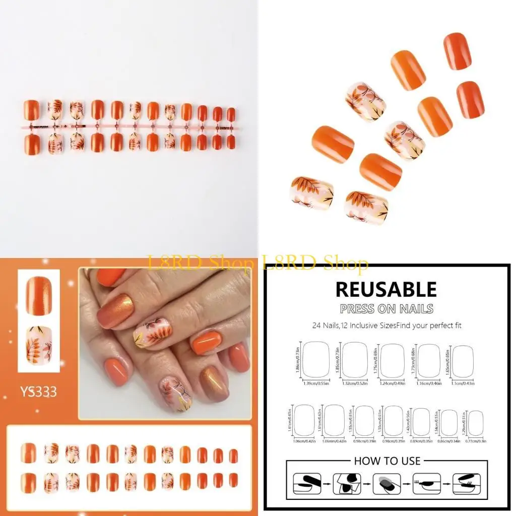 

L8RD Thanksgiving Acrylic Nails Press ons Autumn Leaves Designs Full Cover Fall False Nails on Nails for Women