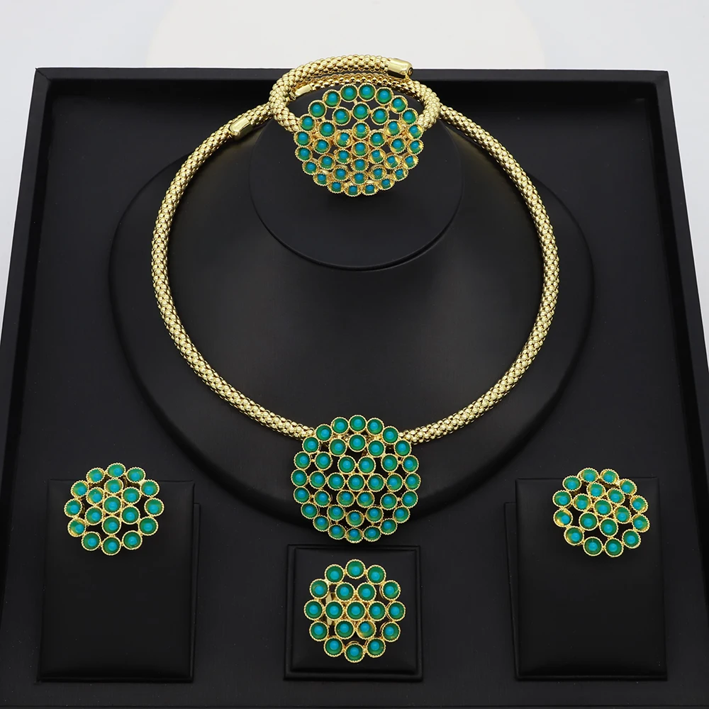 

Hot Sale Italy 18K Gold Plated Jewelry Set Simple Design Green Round Beads Pendant Decoration Necklaces Earrings Ring Bracelet