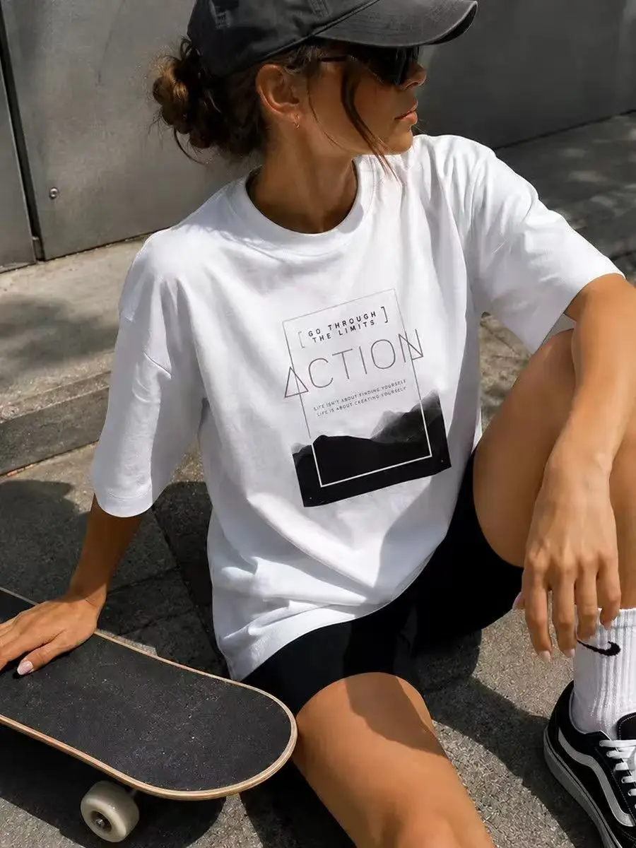 Classic White Minimalist Mountain Inspirational Text Print Summer Cotton Comfortable T-shirt Women's Fashionable High Street Top