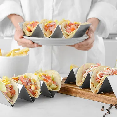 4PCS Stainless Steel Taco Holder Stand Rack Mexican Food Serving Tray Stands Hold Up To 3 Tacos, Burritos, Hot Dog,