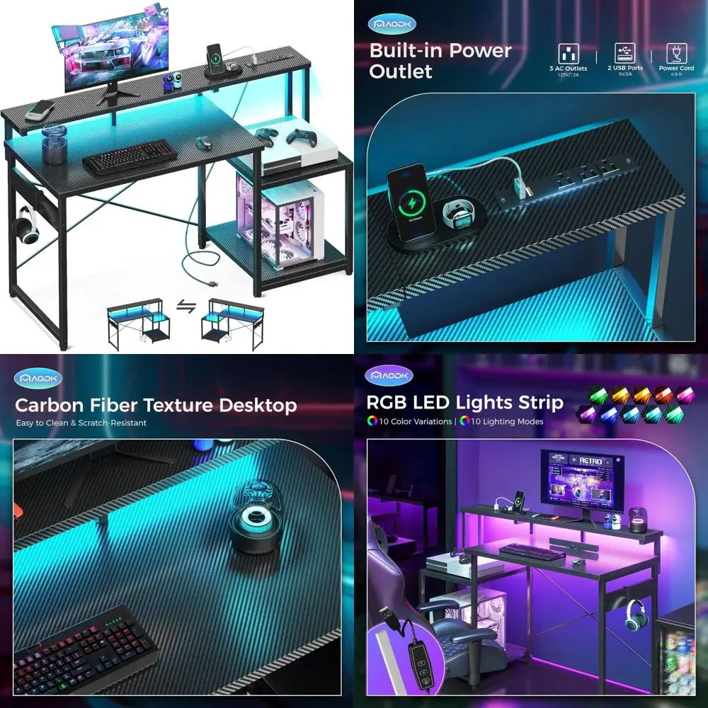 

48 Inch LED Gaming Desk with Power Outlet, Storage Shelves, Reversible for Home Office