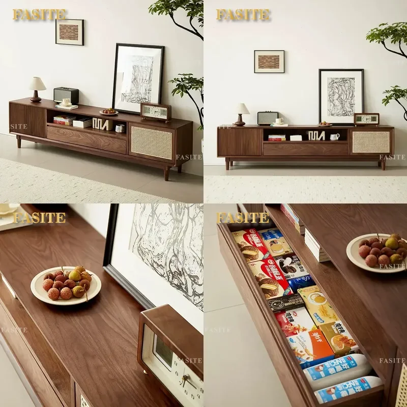 For North American Black Walnut TV Stand Antique Medieval Style Living Room Floor Storage Cabinet Solid Wood Log Media
