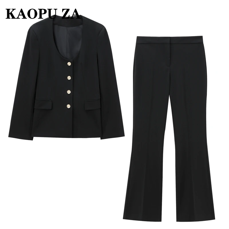 KAOPU ZA 2024 Autumn New Woman Fashion V-Collar Jacket Pantsuit Casual Lady Solid Color Long Sleeve Coat Business suit Two-piece