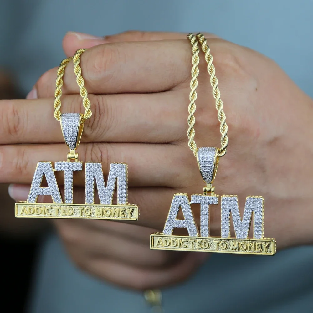 جديد الهيب هوب مثلج خارج بلينغ 5A مكعب الزركون رسائل ATM مدمن على المال قلادة القلائد للرجال الصبي حبل سلسلة مجوهرات #1