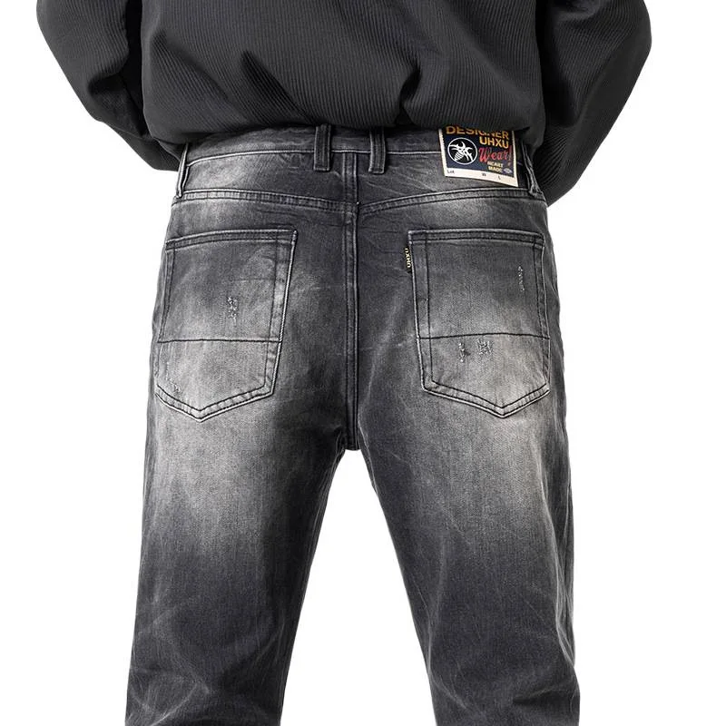 Retro black and gray jeans men 2025, with a scraped and polished white design, straight leg elastic pants