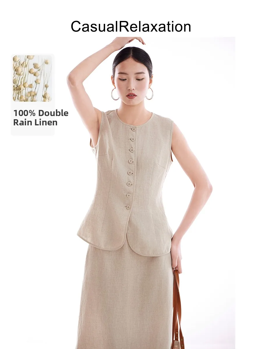 

Linen Button-Up Svel round Ne Vest Casual Lazy mat Women's Top Commute Sle Moisture-ng Regular Fit