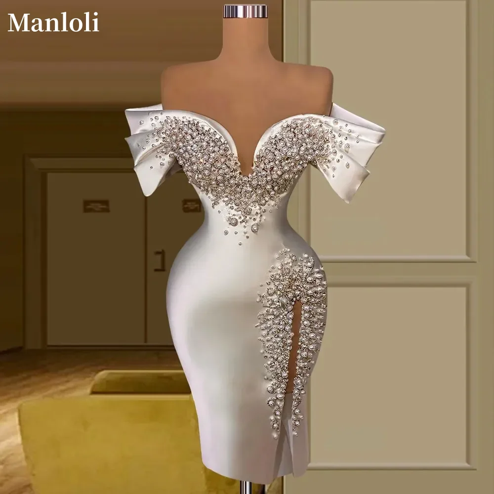 Luksusowa, satynowa, krótka suknia ślubna typu sweetheart, z odkrytymi ramionami, zdobiona koralikami i perłami, elegancka sukienka na przyjęcie, mini suknia dla panny młodej z możliwością personalizacji.