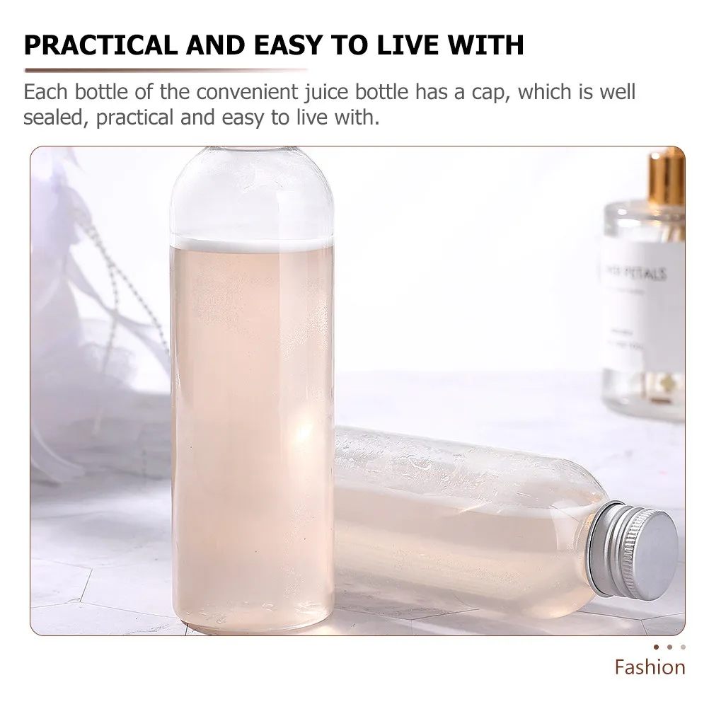 8Pcs Aluminum Cap Juice Bottles Transparent Clear Plastic Drink Containers Reusable Sealed Bottles for Storage Travel Bulk