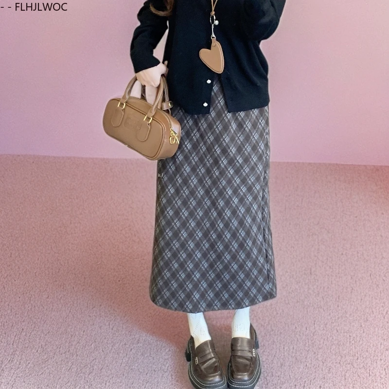Woolen Blends Skirts Autumn All-Match New Woman Cute Sweet Girls Japanese Preppy Style Retro Vintage Plaid Lattice Skirt