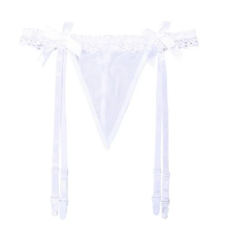 Women Sexy Lace Solid Thin Suspender Garter belt with transparent T-back G-String Belt Lingerie Bow knot sex game sm Panty
