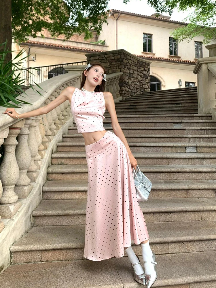 

Strive Umei Sweet Spicy Backless Sleeveless Summer Dress A-Line Skirt Set plus Size Polka Dot Women Fashion Korean Style