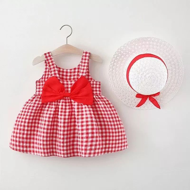 Two Piece Set Of Girls\' Summer New Plaid Camisole Dress Children\'s Baby\'s Chest Big Bow Cute Dress With Hat Included