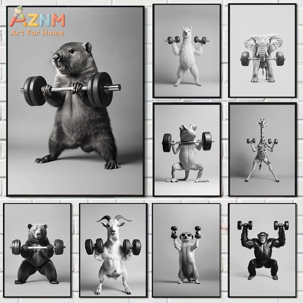 AZNM Unframed Canvas Print Funny Gym Animals Lifting Weights Wall Art Black and White Fitness Home Decor Poster