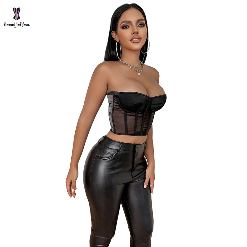 Lace Up Boned Vest Cropped Top Black See Through Mesh Lingerie Bustier Padded Bra Strapless Corset Shaper For Women
