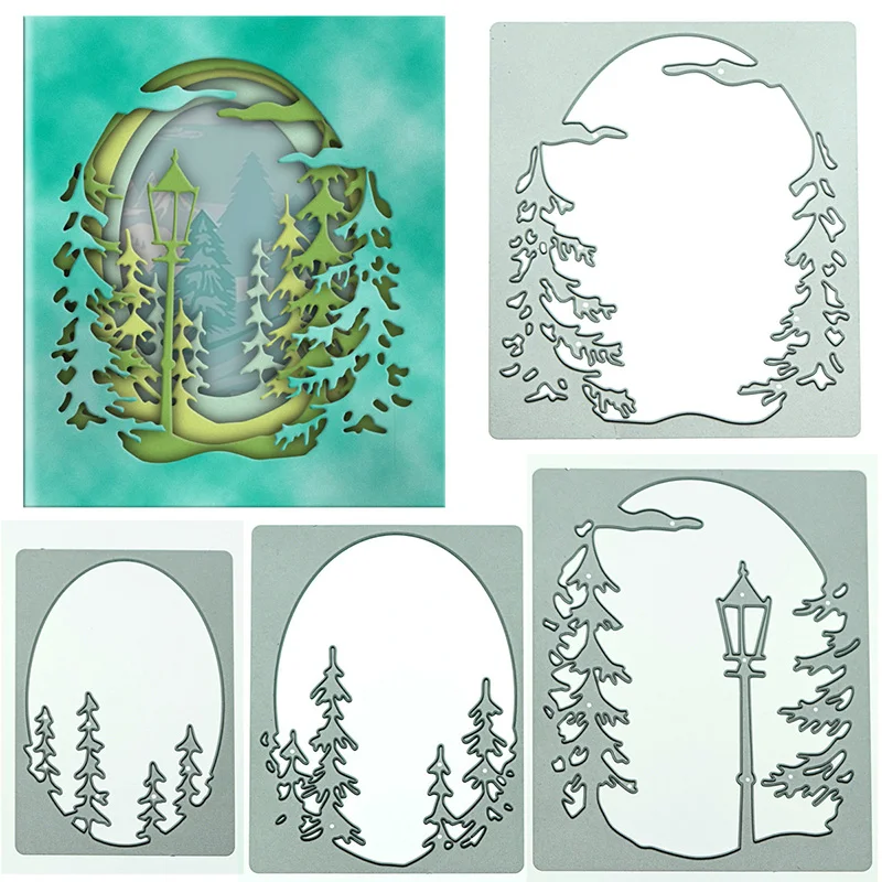 Pine Tree Background Metal Cutting Dies, DIY Scrapbooking Winter Card Making, Street Lamp Stencils, New Arrival, 4Pc Layer, 2023