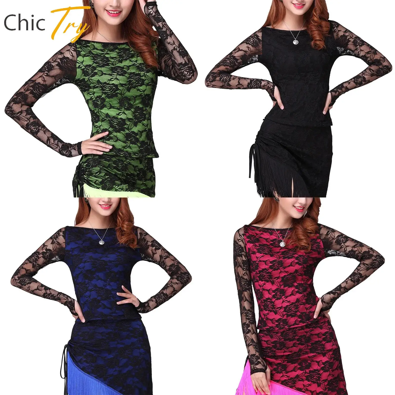 

Womens Rose Sheer Lace Modern Dance Blouse Latin Chacha Performance Wear Long Sleeve Pullover Tops Slim Shirt Daily Casual Wear