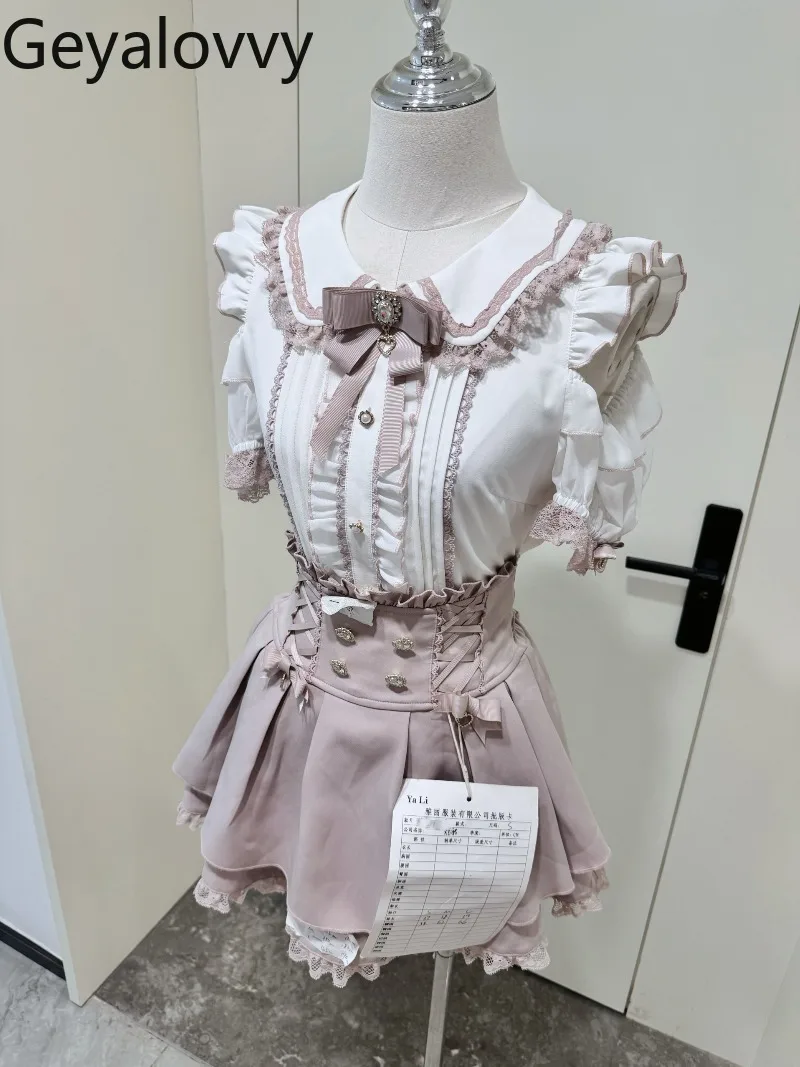 

Белый топ с открытыми плечами и короткими рукавами в японском стиле, короткая юбка с завязками и пряжкой в форме сердца, универсальный комплект для милых девочек