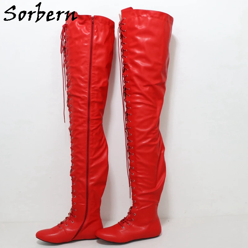 Sorbern Red Matte 97Cm Super Long Boots Women Flat Heels Round Toe Lace Zip Up Winter Style Plush Boots Unisex Custom Colors