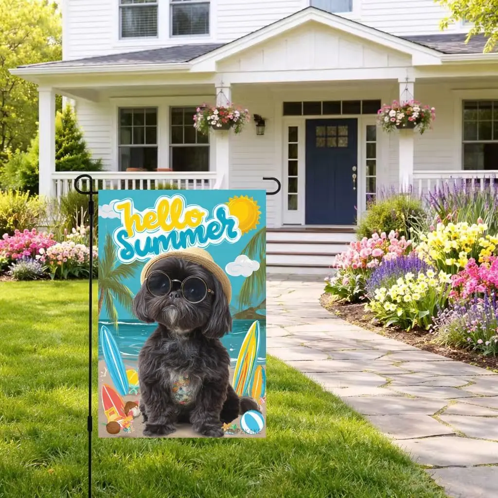 Hello Summer Black Shih Tzu Flag Double-sided design 12x18 inch Sided Vertical Outdoor Decor Beach Dog Tropical Yard Garden  yyi