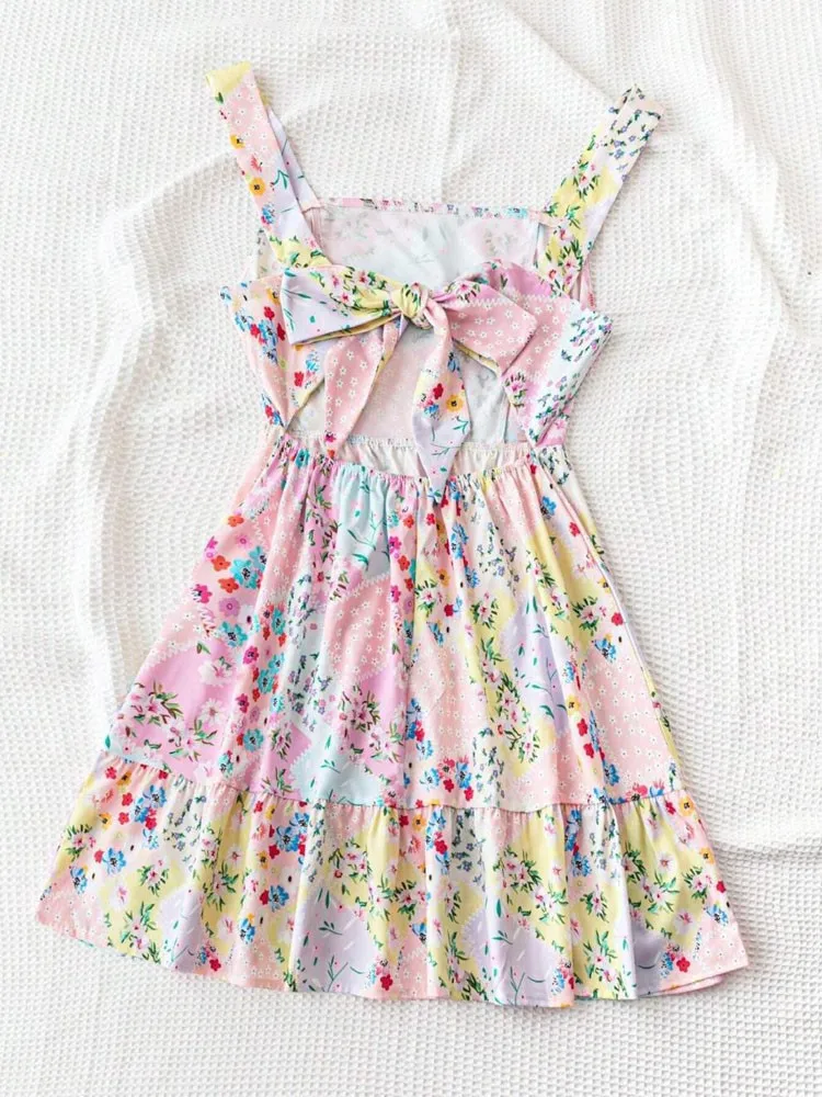 New Spring and Summer Floral Elegant A-line Skirt Sleeveless Square Collar Bow Printed Strap Short Dress