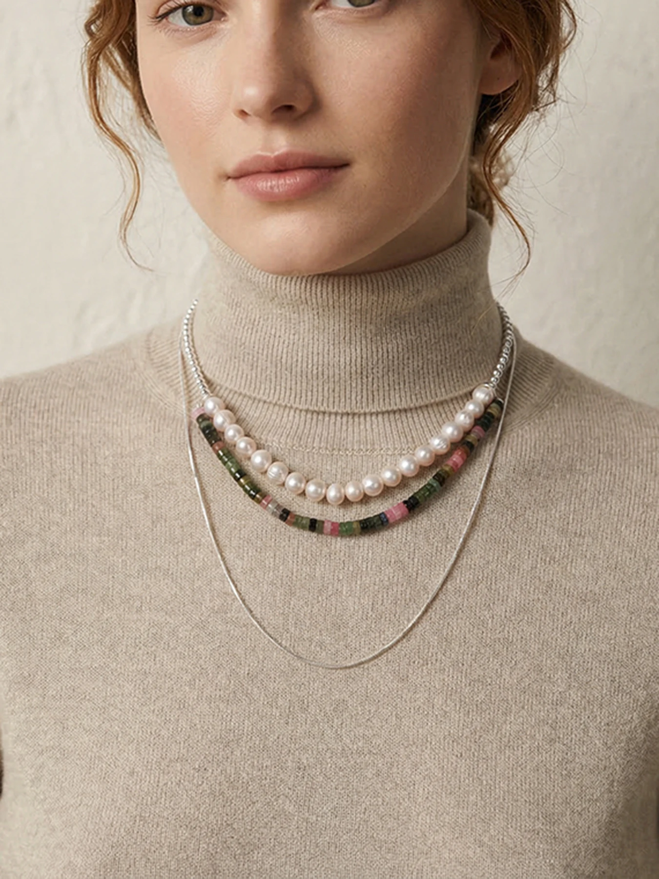 Handmade Ebony Pearl Necklace Tourmaline Color Gemstone Bar Silver Chain Boho Beach Necklace For Women