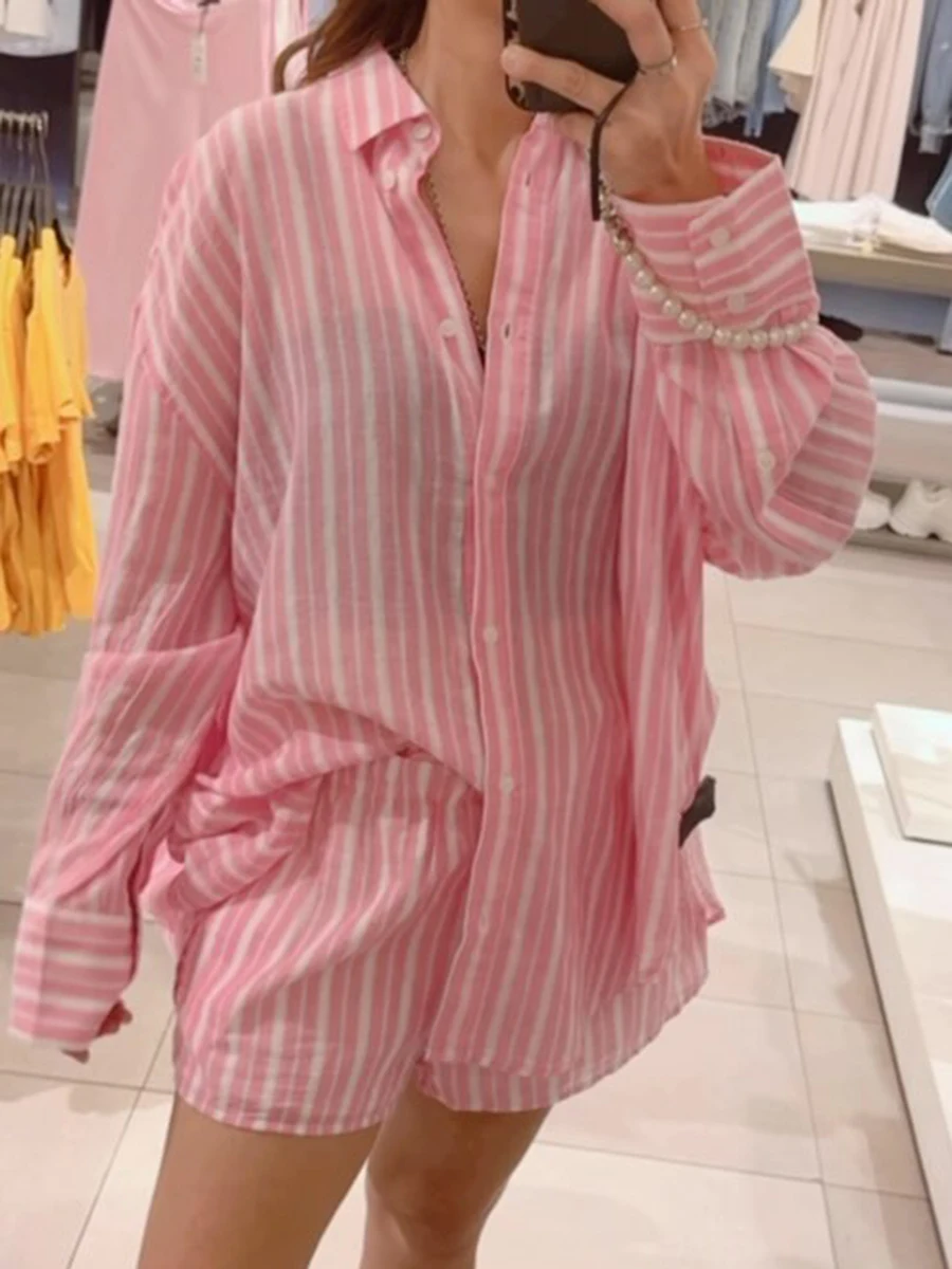 

Pink Striped Loose Shorts Sets Women Lapel Collar Single Breasted Long Sleeve Blouse Summer Casual Simple Shorts Two-piece Set