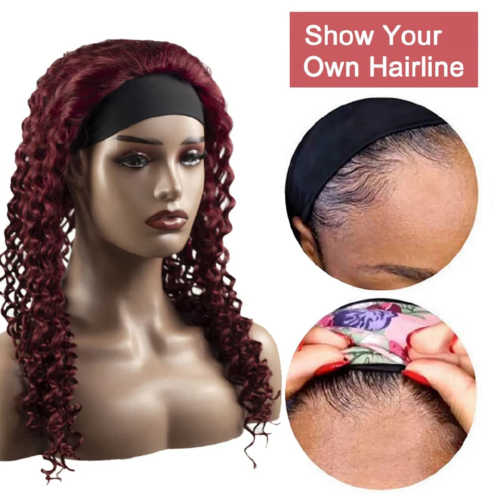 #99j Red Headband Wig Human Hair Burgundy Deep Wave Headband Human Hair Wigs 180% Density Glueless Brazilian Virgin Hair Wigs