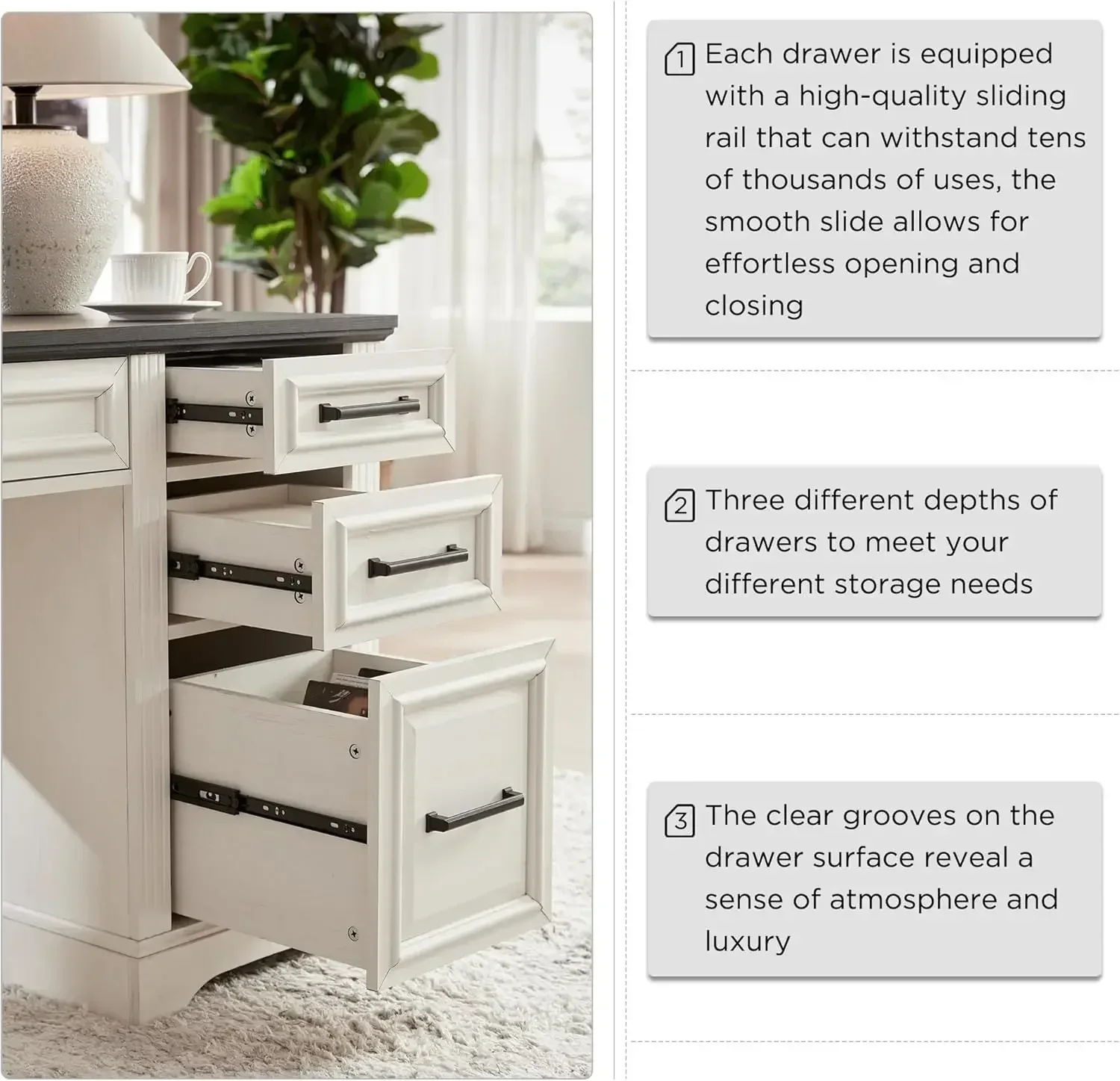 مكتب تنفيذي 58 بوصة قابل للتخصيص، مكتب كمبيوتر المزرعة مع أدراج وخزانة، مكتب مكتب منزلي منقوش، أبيض فاتح