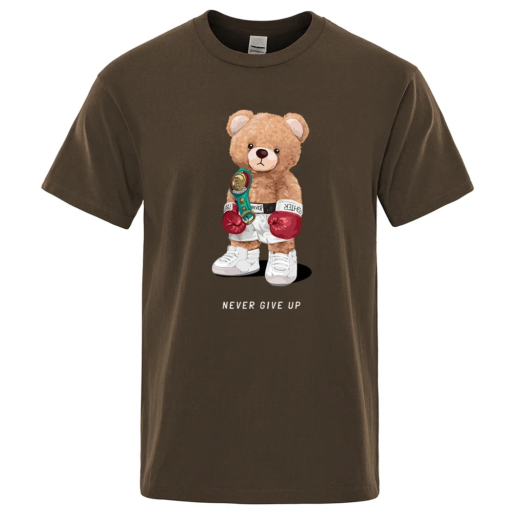 Strong Boxer Teddy Bear Never Give Up Print Funny T-Shirt Men Cotton Casual Short Sleeves Loose Oversize S-XXXL Tee Clothing