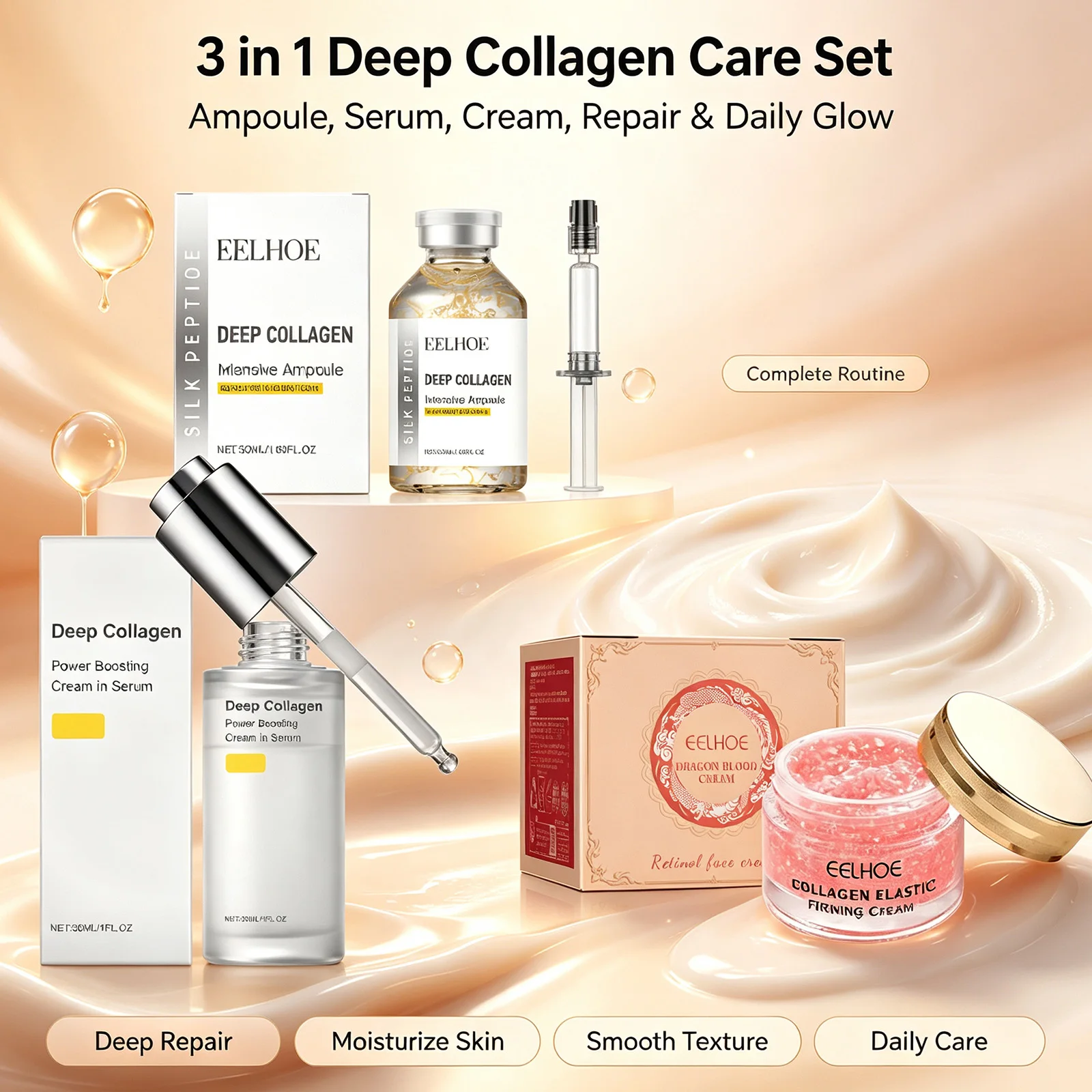 Deep Collagen Silk Peptide Intensive Lifting Ampoule & Retinol Cream Set Tighten Skin Elasticity Enhanced Reduce Fine Lines
