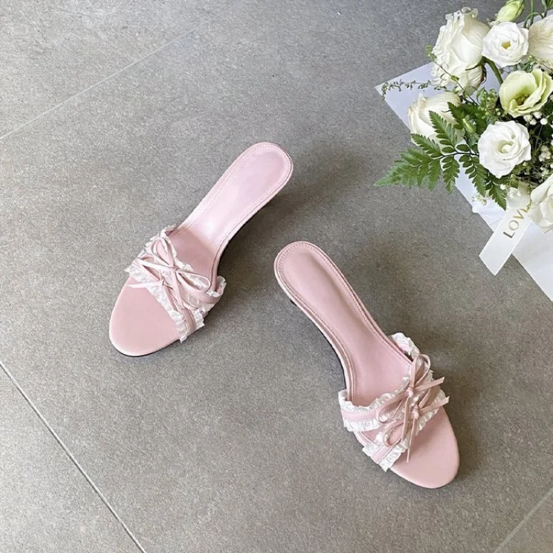 Women's Summer Slip-On Sandals Outdoor Wear 2026, Versatile with Skirts, Lace-Trimmed Stiletto Heel Sandals Women Shoes