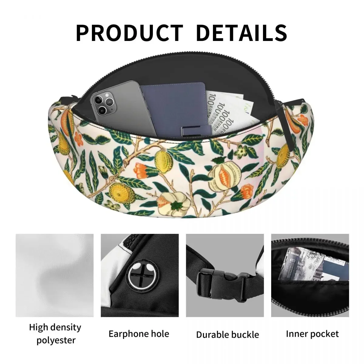 William Morris Pattern Fruits Fanny Pack Women Men Textile Pattern Crossbody Waist Bag for Travel Cycling Phone Money Pouch