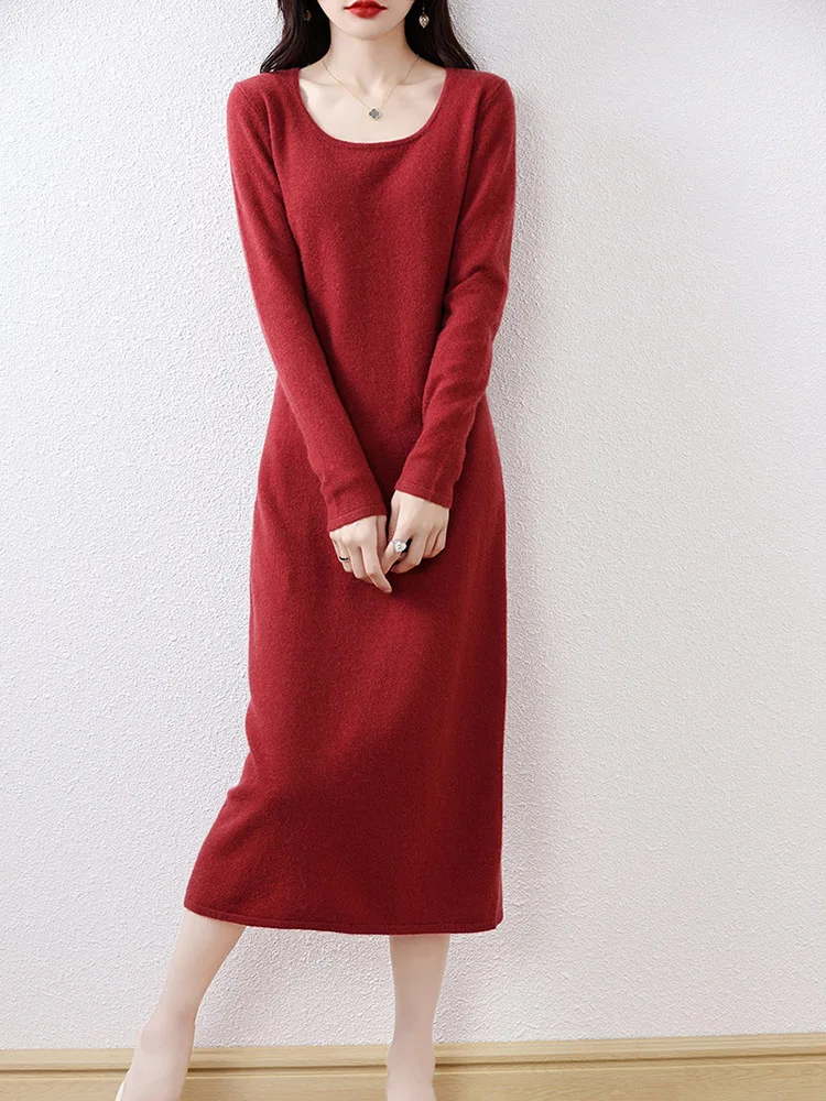 Robe pull en laine mérinos pour femme, robes longues chaudes, pull décontracté pour femme, col rond, 100% laine, automne, hiver, nouveau, offre spéciale, 2023