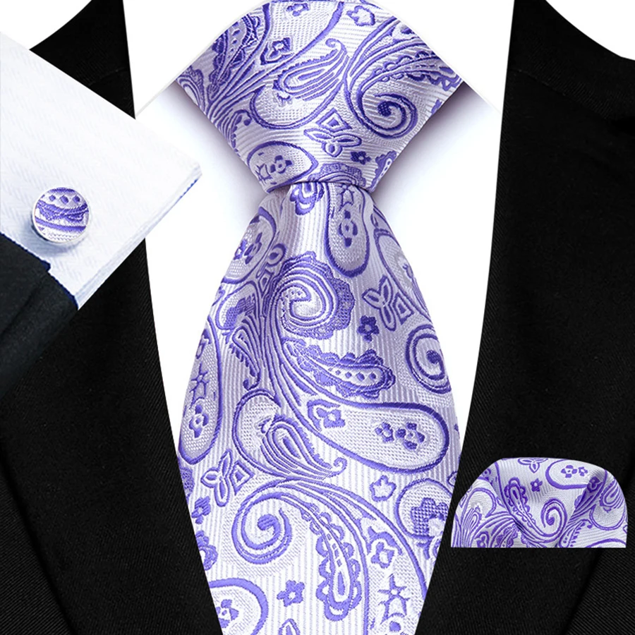 3Pcs Mens Tie Hanky Cufflinks Set Jacquard Purple Color Necktie For Male Wedding Business Party Daily Wear Accessories Gift