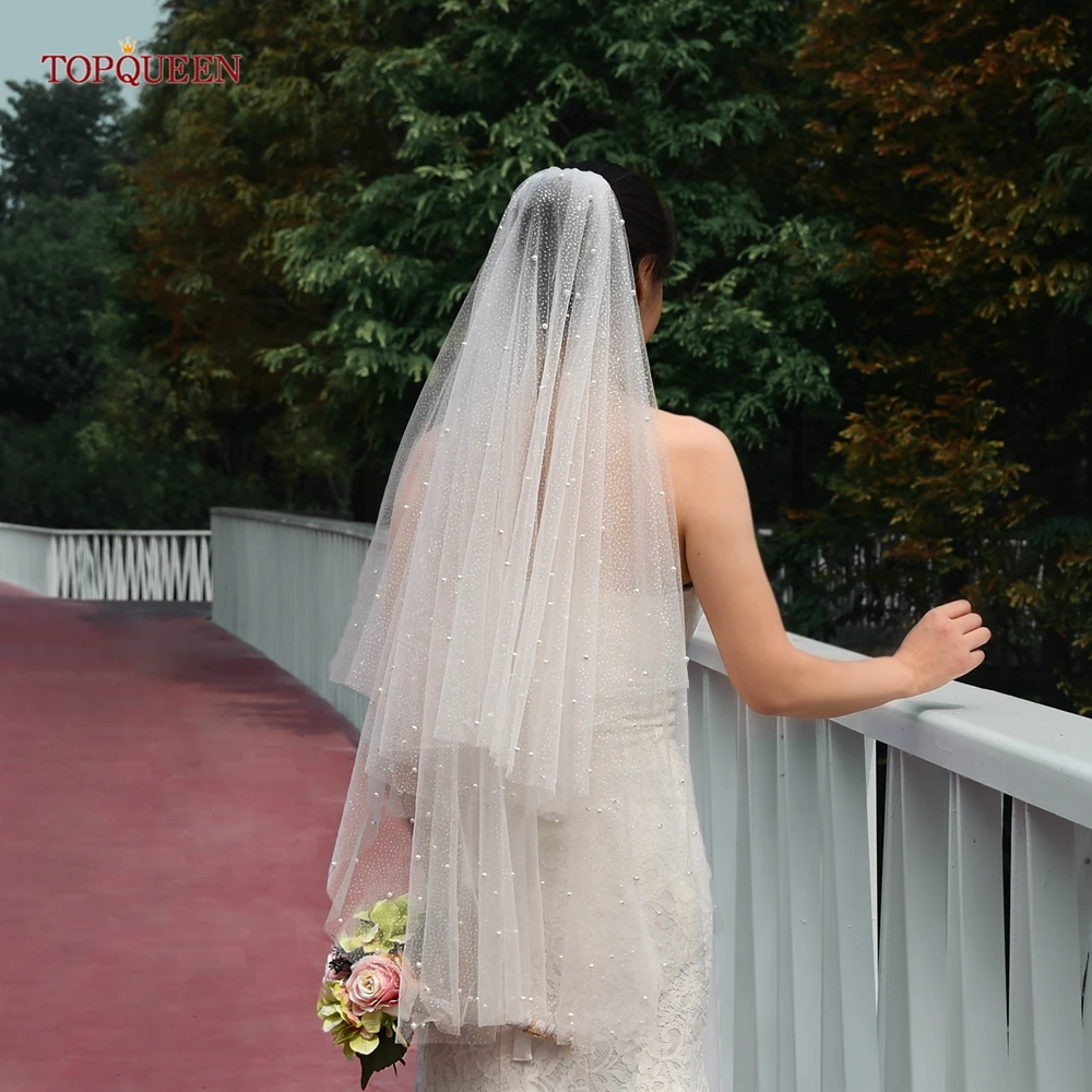 

TOPQUEEN V91 Sparkling White Champagne Glitter Pearl Veil Double Layer Blush Tulle Wedding Accessories Bridal Short Veil