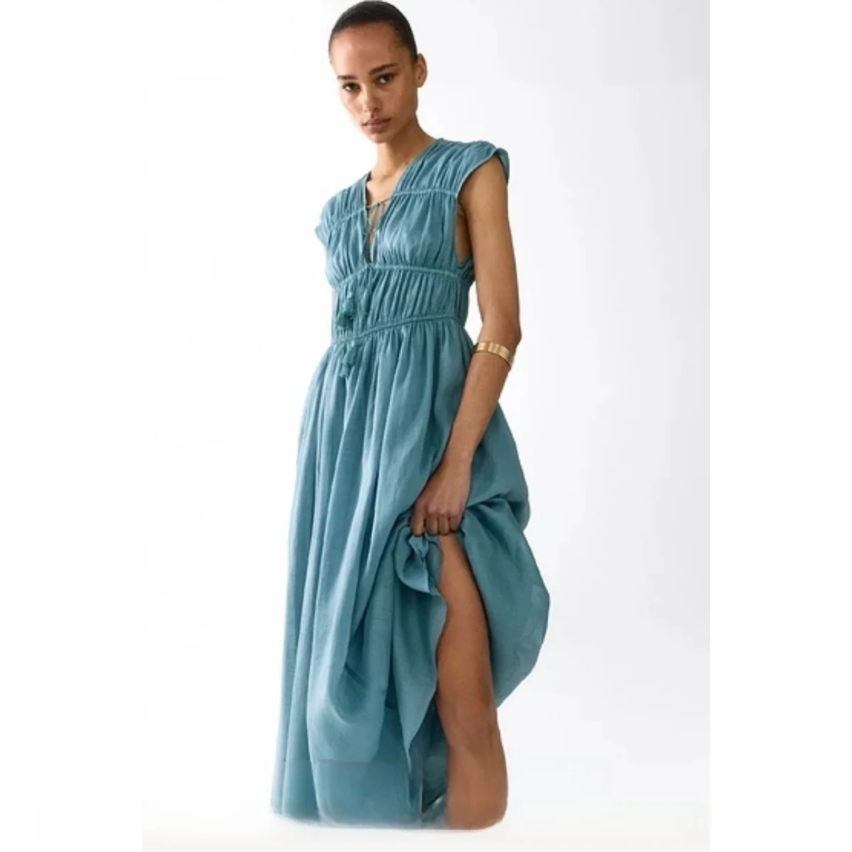 Summer 2026 Women's Midi Dress V-Neck Sleeveless Wide Hem Drawstring Design Linen Pleated Casual Waist-Cinching City Commute