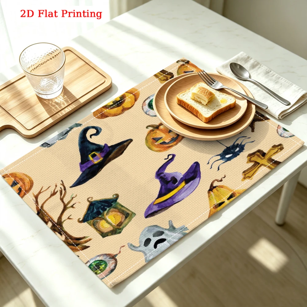 1pc Halloween Placemat Beige Witch Pumpkin Ghost Print Table Mat Kitchen Dining Decor Protection 30x40cm