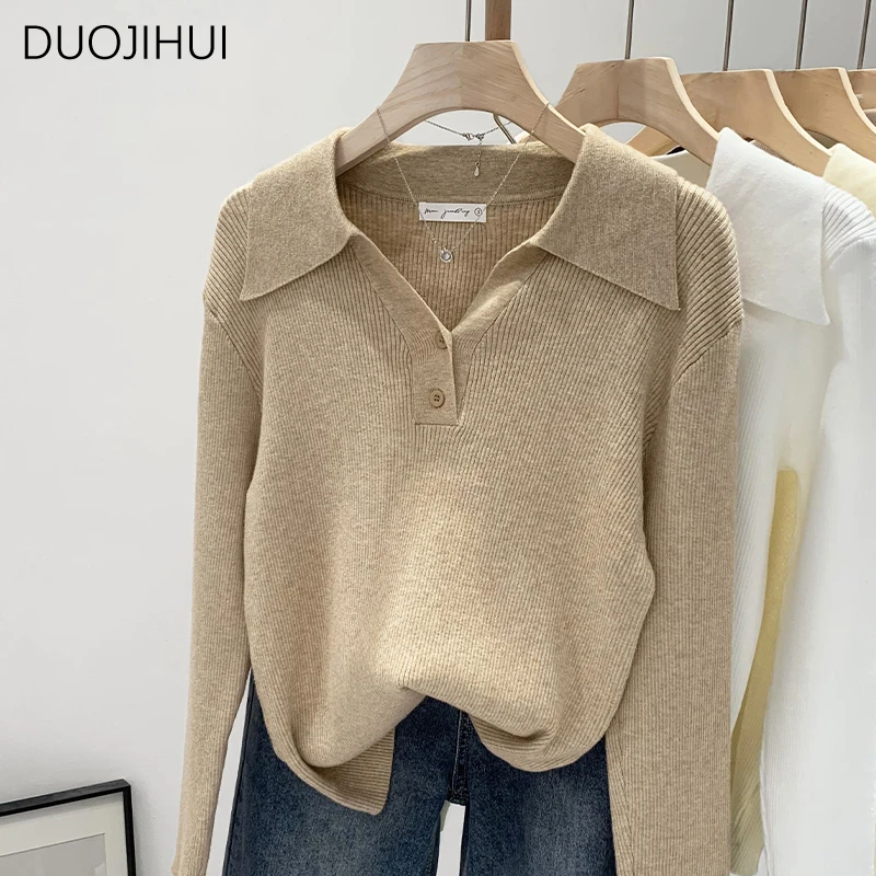 DUOJIHUI Basic Long Sleeve Chic Polo Neck Women Pullovers Autumn New Knitted Solid Color Fashion Simple Casual Female Pullovers