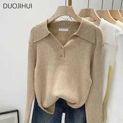 DUOJIHUI-jerseys básicos de manga larga para mujer, jerseys elegantes con cuello tipo Polo, de punto, de Color sólido, a la moda, simples e informales, novedad de otoño