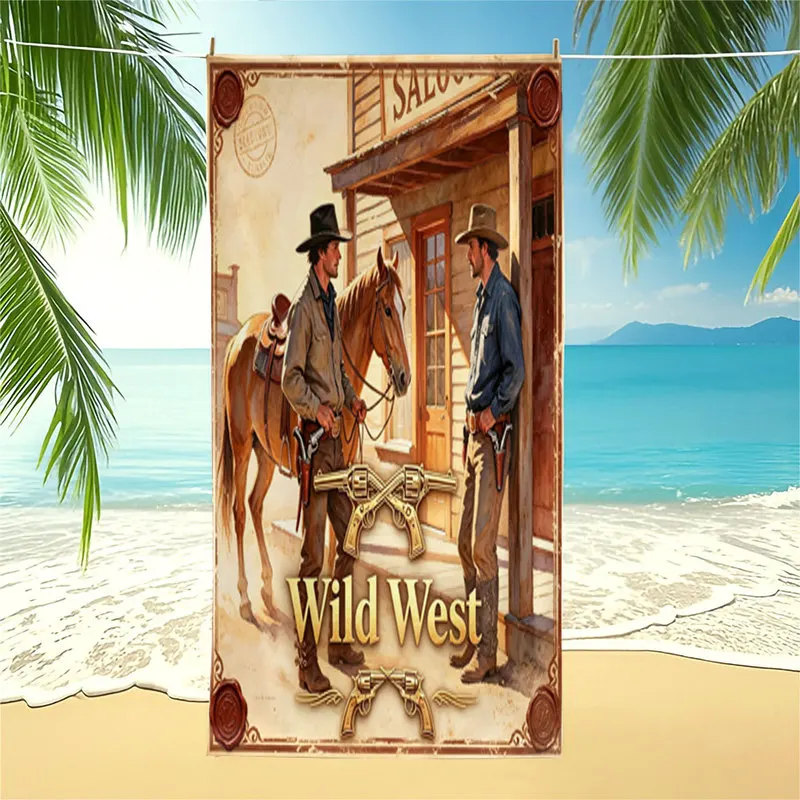Microfiber Beach Towel,Ultra-Soft,Skin-Friendly,Durable,Western Cowboy on Horse Print,Wild West Game Room Decoration