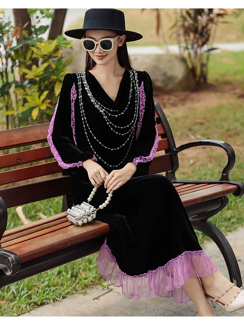 Spring Autumn V-Neck+ Beading Women's New High End Silk+Velvet Luxury Black Spliced Lace Loose Medium length Dress One Size