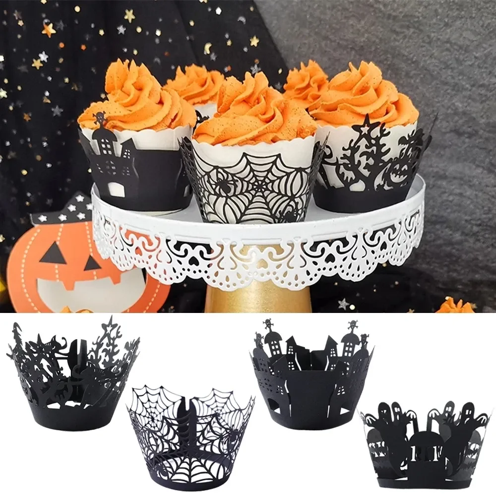 

50pcs Halloween Cupcake Wrappers Baking Cup Hollow Out Black Cat Spider Castle Pumpkin Paper Cake Wrapper Party Decorations