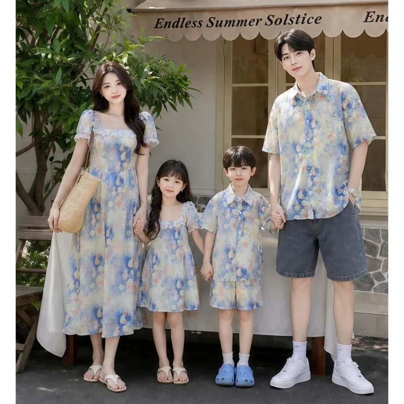 Holiday Family Matching Outfits Summer Korean Mom Daughter Dress Vacation Dad Son Floral Print Shirt Photo Shoot Couple Clothes