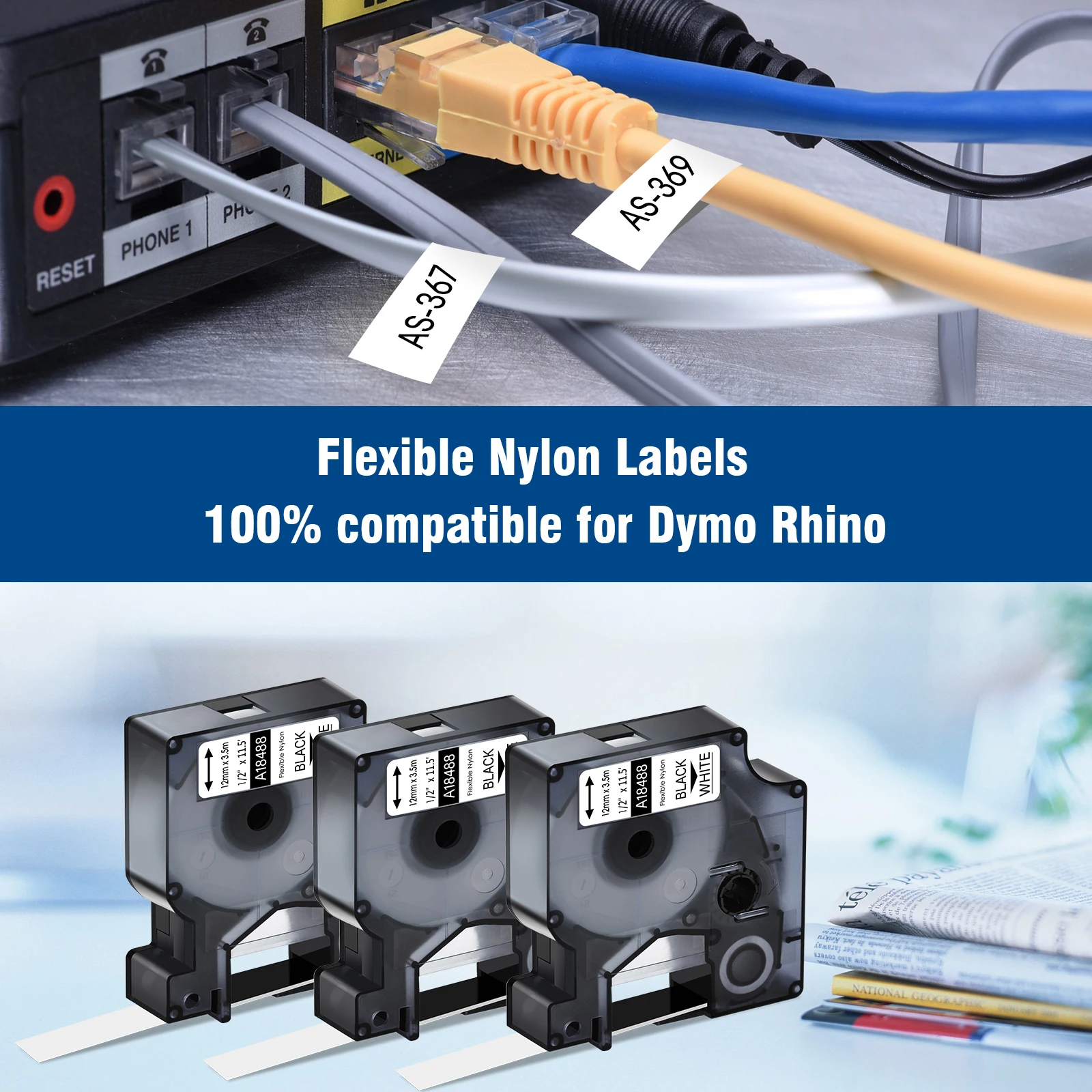 Imagem -06 - Etiquetas de Nylon Flexíveis Compatíveis para Dymo Rhino Printer Preto sobre Fitas de Etiqueta Branca e Amarela 12 mm 19 mm 18488 18490 10 Pcs