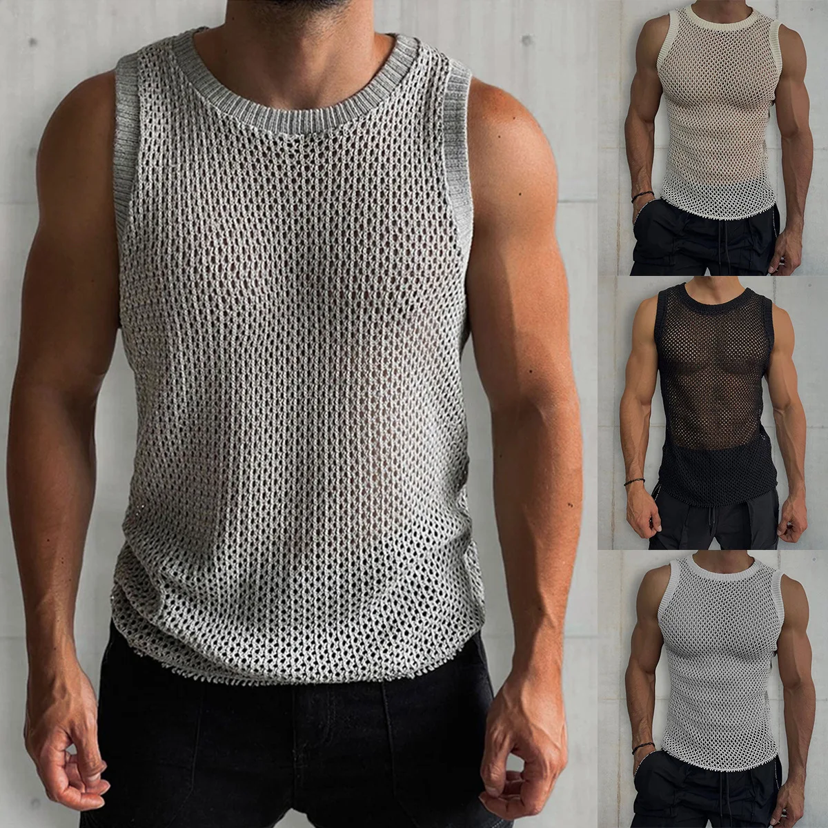 

Luxury and fashionable men's sweater vest solid color round neck sleeveless hollow knit vest muscular men's top