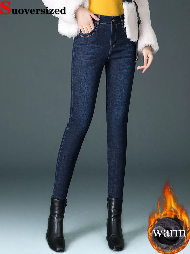 

Korean Fashion Skinny Pencil Jeans Winter Warm Velvet Lined Vintage Denim Pants Women Casual Thicken Stretch High Waist Vaqueros