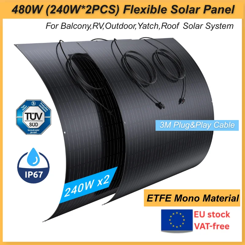 High Efficiency ETFE Monocrystalline 240W 2PCS 4PCS (480W 960W) Output Flexible Solar Panel for Balcony RV Camping Charge System