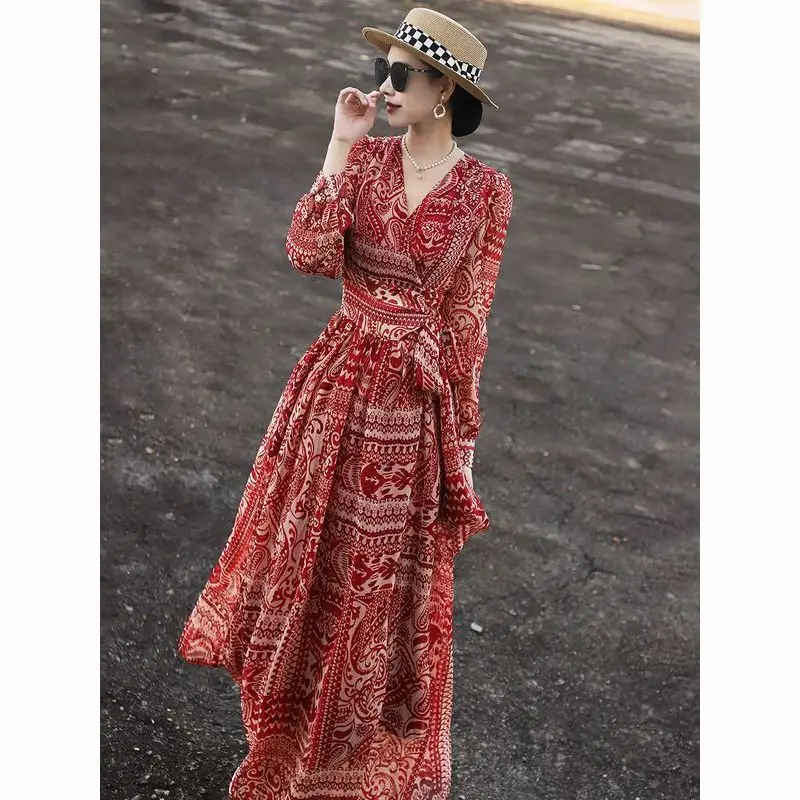 2023 Autumn New Women's Fashion Style One Piece Tie Up V-neck Chiffon Printed Dress Red Flower Long Sleeved Long Skirt