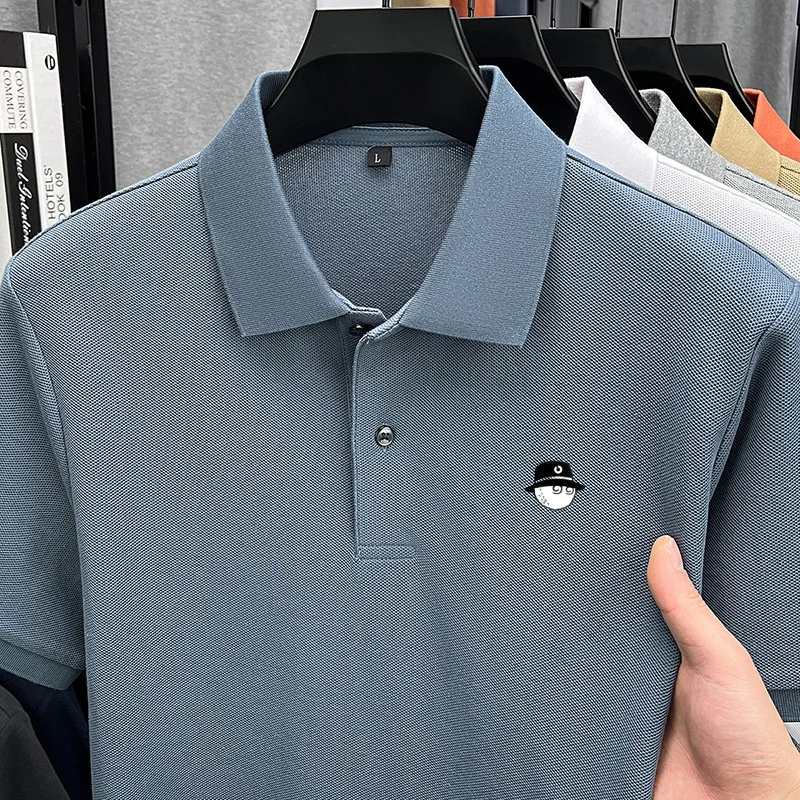 100%Cotton High-End Man Short-Sleeved Polo Shirt Lapel Button Solid Color Stamp Korean-Style Fashion Sleek Hot-Selling Men'sWear
