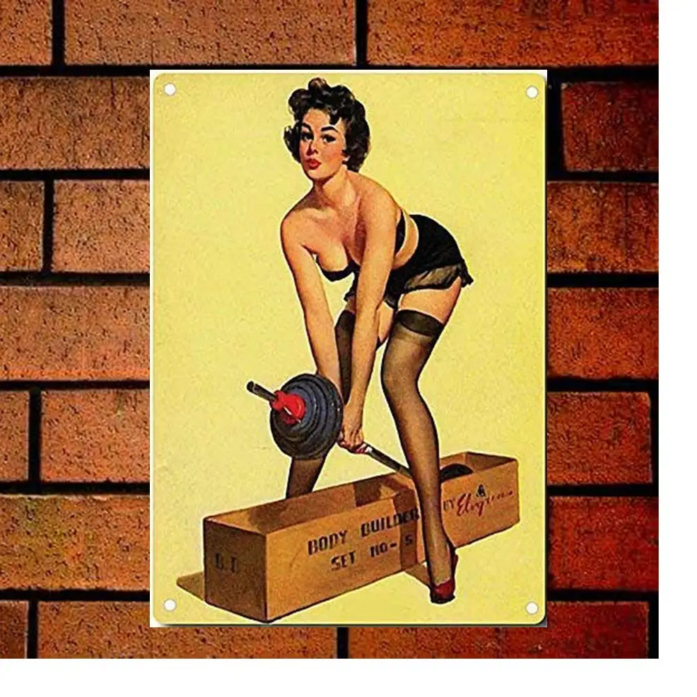 Pin Up Girl With Weights Retro Metal Sign 8X12 Wall Decor